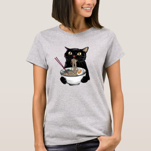 Schwarze Katze isst Ramen T-Shirt (Vorderseite)