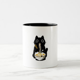Schwarze Katze isst Ramen Zweifarbige Tasse