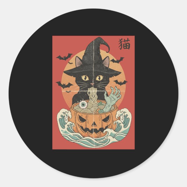Schwarze Katze isst zu Halloween japanische Männer Runder Aufkleber (Vorderseite)