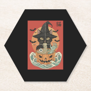 Schwarze Katze isst zu Halloween japanische Männer Untersetzer