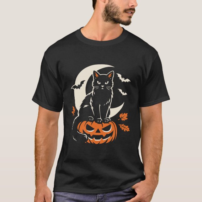 Schwarze Katze Jack O Lantern Halloween T-Shirt (Vorderseite)