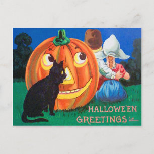 Schwarze Katze Jack O Lantern Kürbiskinder Postkarte