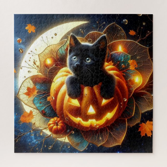 Schwarze Katze, Jack-o-Laterne und gemäßigter Mond Puzzle (Vertikal)