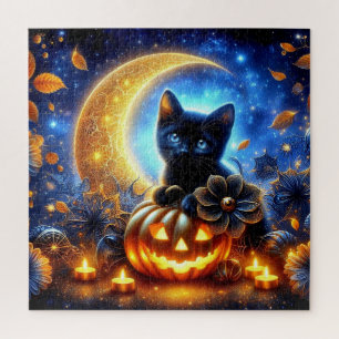Schwarze Katze, Jack-o-Laterne und gemäßigter Mond Puzzle