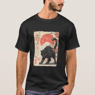Schwarze Katze Japan Rote Sonne Sakura Vintage T-Shirt