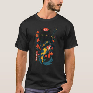 Schwarze Katze Japanischer Samurai Kirschblüten Ko T-Shirt