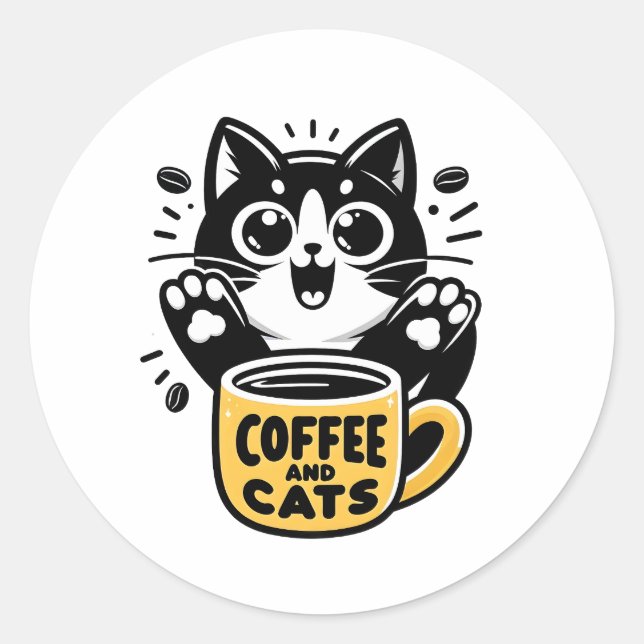 Schwarze Katze Kaffee Illustration Runder Aufkleber (Vorderseite)