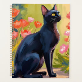 Schwarze Katze | Kitten Haustier Wasserfarbe Blume Planer