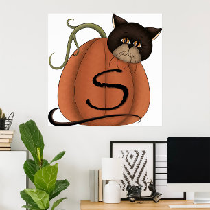 Schwarze Katze Kürbis Buchstabe S Halloween Poster