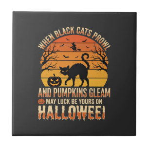 Schwarze Katze Kürbis Halloween Vektordesign Fliese