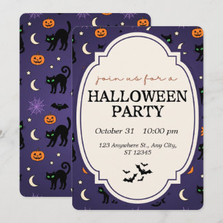 Schwarze Katze Kürbis Lila Halloween-Party  Einladung