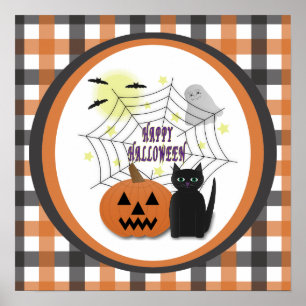 Schwarze Katze & Kürbis nicht gruselig Halloween Poster
