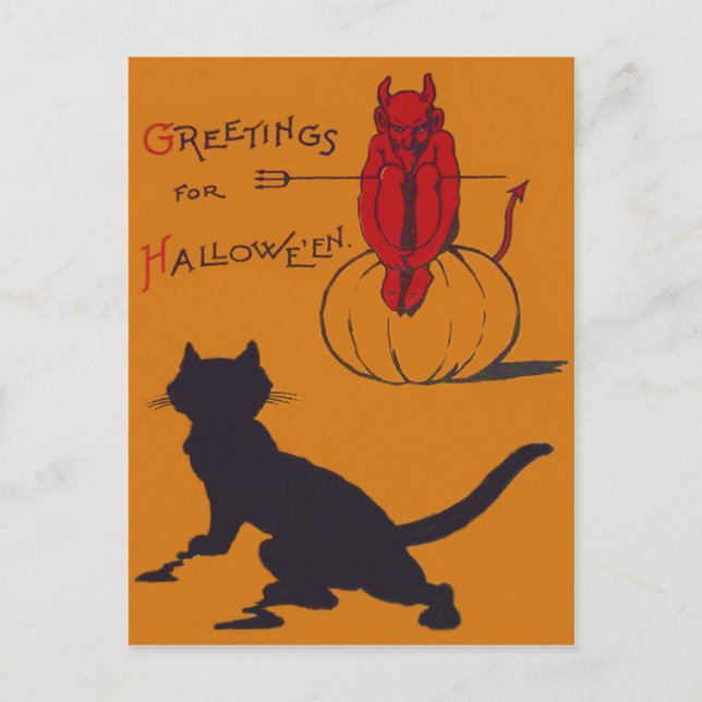 Schwarze Katze Kürbis Teufel Dämon Mistgabel Postkarte (Vorderseite)