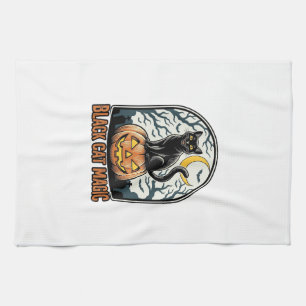 Schwarze Katze Kürbis Vintage Halloween Gravur_1 Geschirrtuch