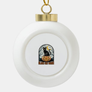 Schwarze Katze Kürbis Vintage Halloween Gravur_1 Keramik Kugel-Ornament