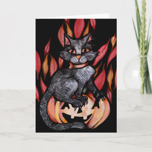 Schwarze Katze Kürbislaterne Herbst Natur Karte