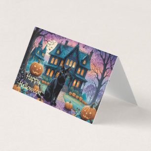 Schwarze Katze, Kürbislaternen, griechisches HausH