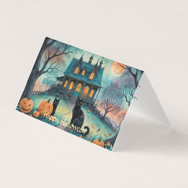 Schwarze Katze, Kürbislaternen, griechisches HausH (Vorderseite)