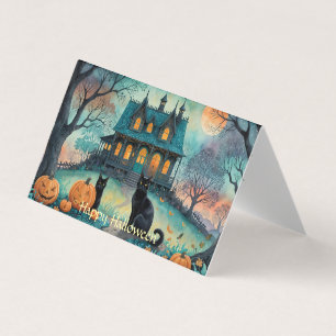 Schwarze Katze, Kürbislaternen, griechisches HausH