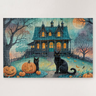 Schwarze Katze, Kürbislaternen, griechisches HausH Puzzle
