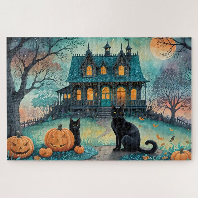 Schwarze Katze, Kürbislaternen, griechisches HausH Puzzle (Horizontal)