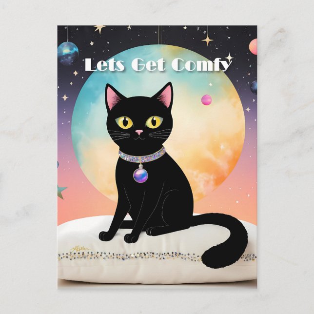 Schwarze Katze - Lass uns es uns gemütlich machen Postkarte (Vorderseite)