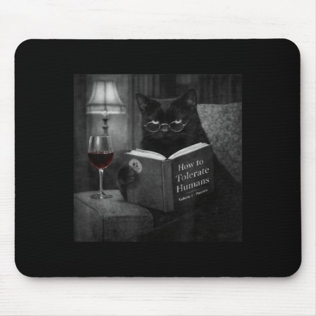 Schwarze Katze liest Buch Lustiges Retro-Katzenfot Mousepad (Vorne)