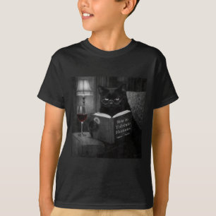 Schwarze Katze liest Buch lustiges Retro-Katzenfot T-Shirt