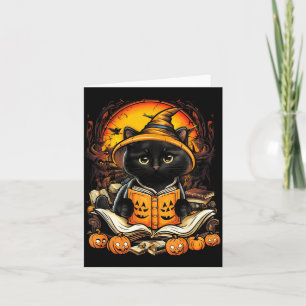 Schwarze Katze liest Bücher Kürbis Herbst Lehrer Karte