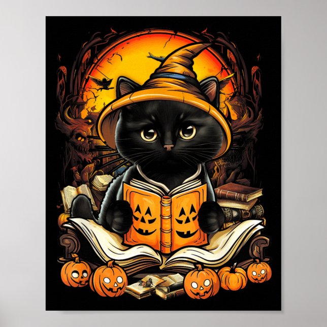 Schwarze Katze liest Bücher Kürbis Herbst Lehrer Poster (Vorne)