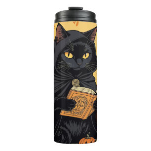 Schwarze Katze liest das Jack-o-Laternen-Journal Thermosbecher