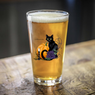 Schwarze Katze Lila Rose Kürbis Herbst Glas