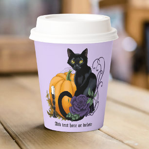 Schwarze Katze Lila Rose Kürbis Herbst Pappbecher