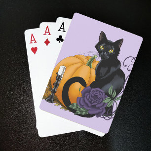 Schwarze Katze Lila Rose Kürbis Herbst Spielkarten