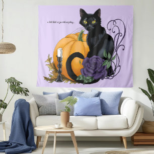 Schwarze Katze Lila Rose Kürbis Herbst Wandteppich