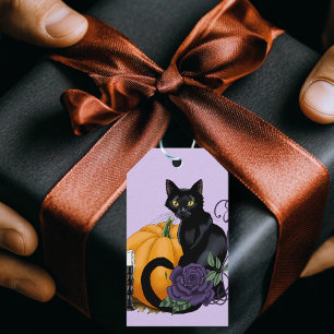 Schwarze Katze Lila Rosen Kürbis Herbst Geschenkanhänger