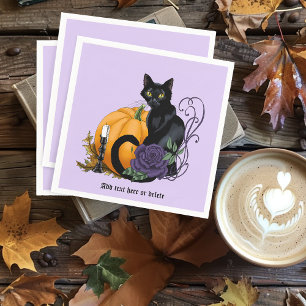 Schwarze Katze Lila Rosen Kürbis Herbst Serviette