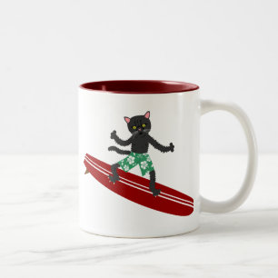 Schwarze Katze Longboard Surfer Zweifarbige Tasse