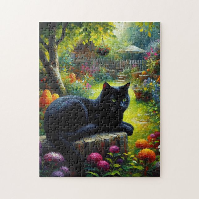Schwarze Katze Lounges im Frühlingsgarten Malerei Puzzle (Vertikal)