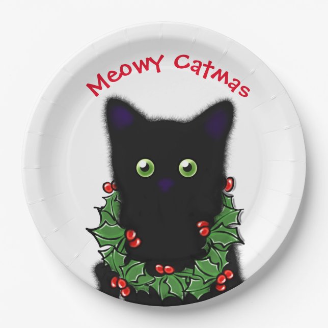 Schwarze Katze | Meowy Catmas Holly Beries Weihnac Pappteller (Vorderseite)