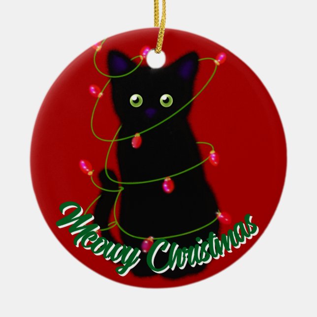 Schwarze Katze Meowy Weihnachten roten Tinkeln Lic Keramik Ornament (Vorne)