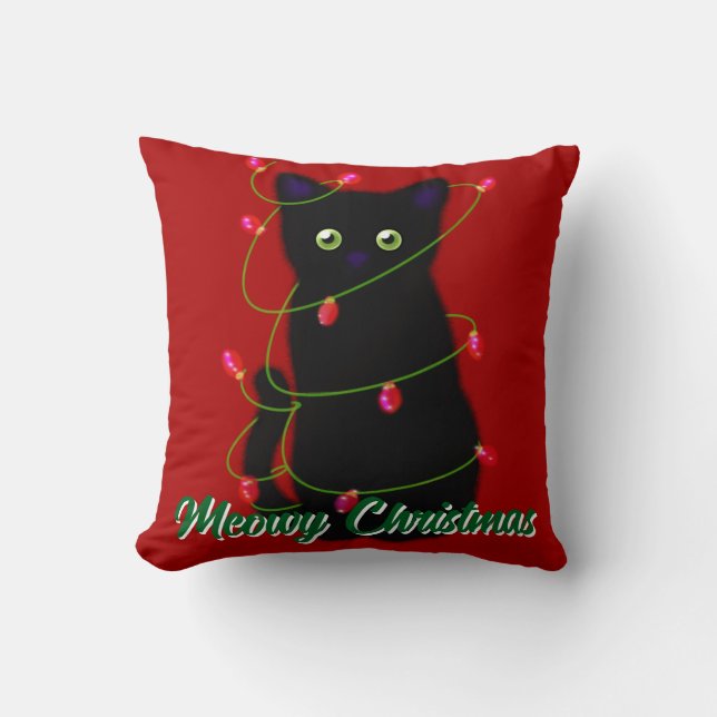 Schwarze Katze Meowy Weihnachten roten Tinkeln Lic Kissen (Vorderseite)