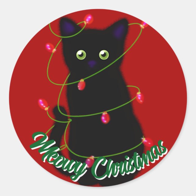 Schwarze Katze Meowy Weihnachten roten Tinkeln Lic Runder Aufkleber (Vorderseite)
