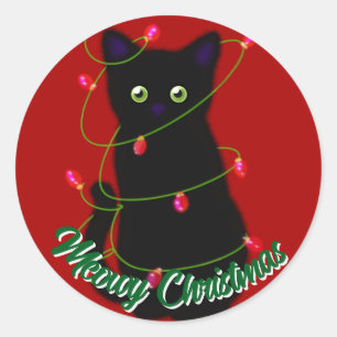Schwarze Katze Meowy Weihnachten roten Tinkeln Lic Runder Aufkleber