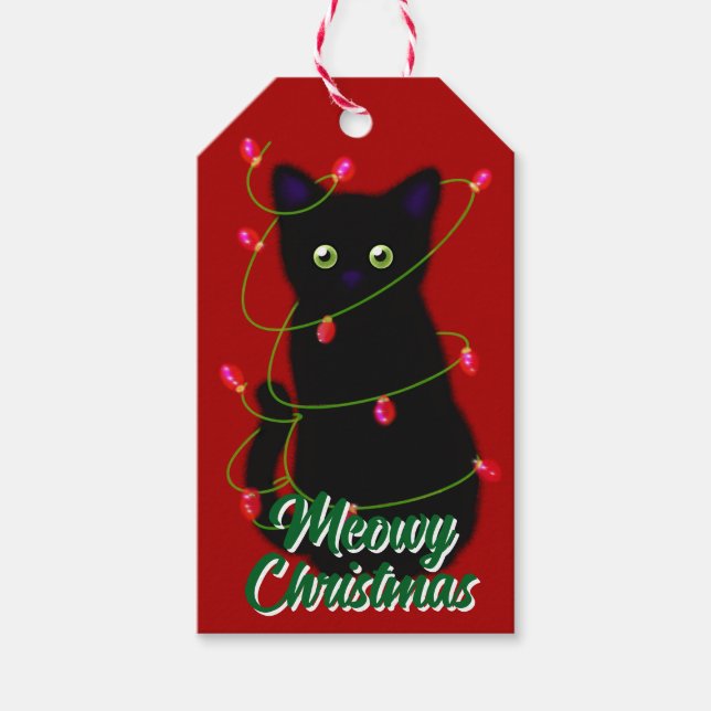 Schwarze Katze Meowy Weihnachtsblitz Geschenkanhänger (Vorderseite)