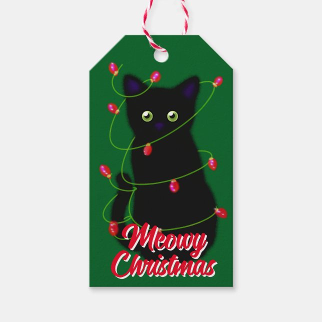 Schwarze Katze Meowy Weihnachtsblitz Geschenkanhänger (Vorderseite)