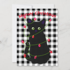 Schwarze Katze Meowy Weihnachtsblitz Gingham Feiertagskarte