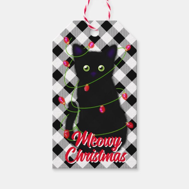 Schwarze Katze Meowy Weihnachtsblitz Gingham Geschenkanhänger (Vorderseite)