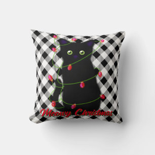 Schwarze Katze Meowy Weihnachtsblitz Gingham Kissen