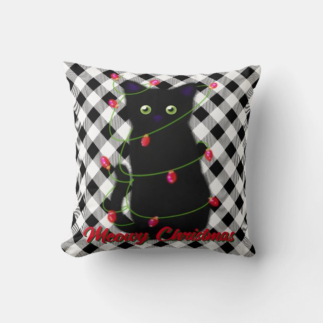 Schwarze Katze Meowy Weihnachtsblitz Gingham Kissen (Vorderseite)